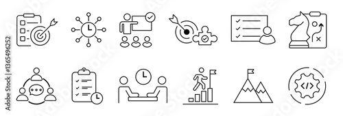 Business or organisation management icon set. Containing manager, teamwork, strategy, marketing, business, planning, training, employee icons. Solid icons vector collection.