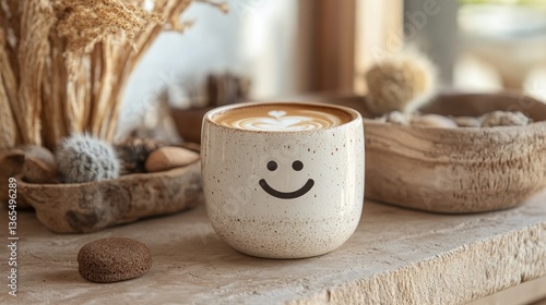 A cheerful latte in a smiling mug, surrounded by earthy d?cor.