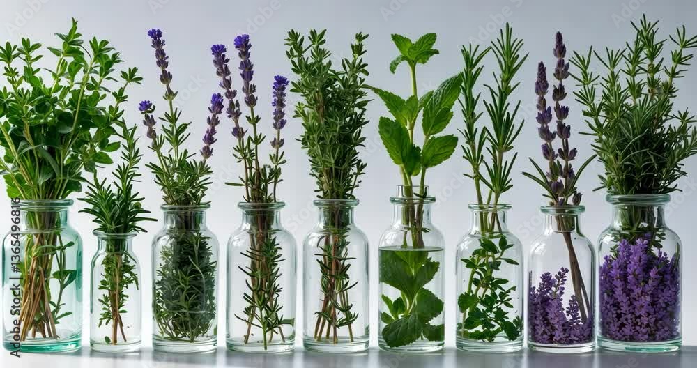 Bottle of essential oil containing herbs on a white background