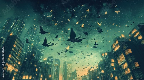 A city shrouded in twilight, a multitude of birds fill the sky.