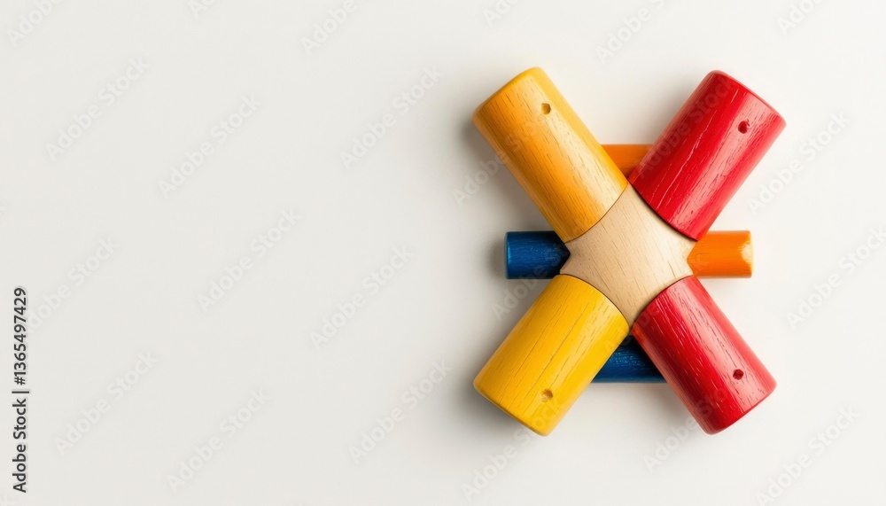 Fototapeta premium Brightly colored wooden toy pieces are arranged and connected on a white surface