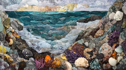 A collage depicting a coastal scene with rocks, seashells, and ocean waves.