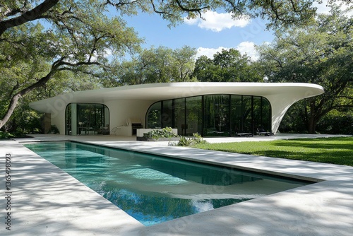 Wallpaper Mural Modern building w/pool reflects sky, amidst trees & greenery under bright sky Torontodigital.ca