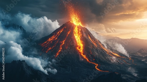 A dramatic volcano erupting with molten lava flows cascading down its slopes, amidst a dramatic sky of dark clouds and streaks of orange sunlight.