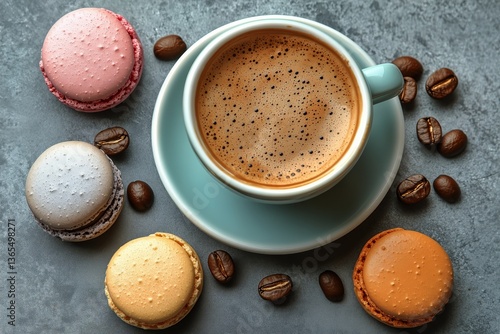 Delicious Coffee With Colorful Macarons and Coffee Beans on a Textured Surface