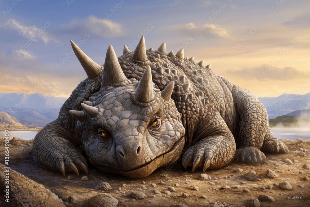 Fototapeta premium A spiky Ankylosaurus resting near a hot spring, its armored body blending with the rocky terrain