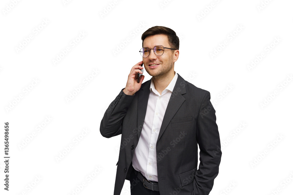 Confident man in business attire making a phone call while standing against a white background Confident man in business attire making a phone call while standing against a white background