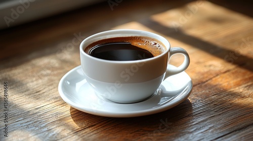 A cup of black coffee on a wooden table, sunlight shining through a window.