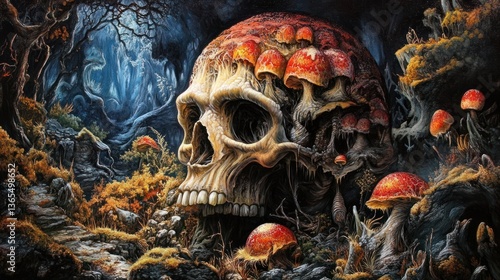 A fantastical skull, adorned with mushrooms, sits amidst a mystical forest.