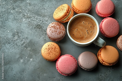Delicious Coffee With Colorful Macarons and Coffee Beans on a Textured Surface