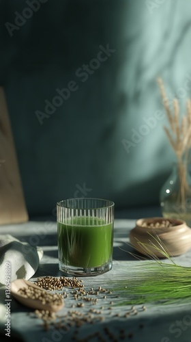 Fresh Green Drink With Ingredients Displayed on a Textured Surface in Natural...
