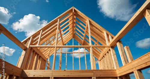 Closeup of a new stick-built house being constructed beneath a clear blue sky. The wooden structure frames the home. The concept background of house construction and real estate. Panorama