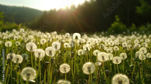 A field of dandelions in bloom at sunset, with sunlight shining through the flowers.