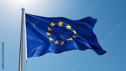 Focused view of the EU flag golden stars, set against a blurred sky for a powerful Europe Day image