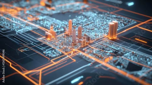 A futuristic, digital cityscape depicted as a complex network of glowing lines and circuits, showcasing city structures and buildings.