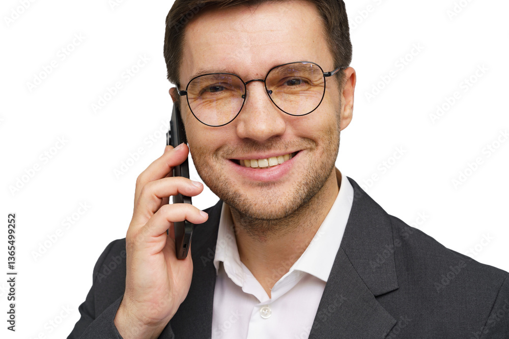 Business professional smiling while speaking on mobile phone in a modern office setting during the day Business professional smiling while speaking on mobile phone in a modern office setting during the day