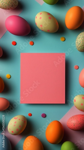 Colorful Easter Eggs Arranged Around a Blank Pink Note on a Pastel Background