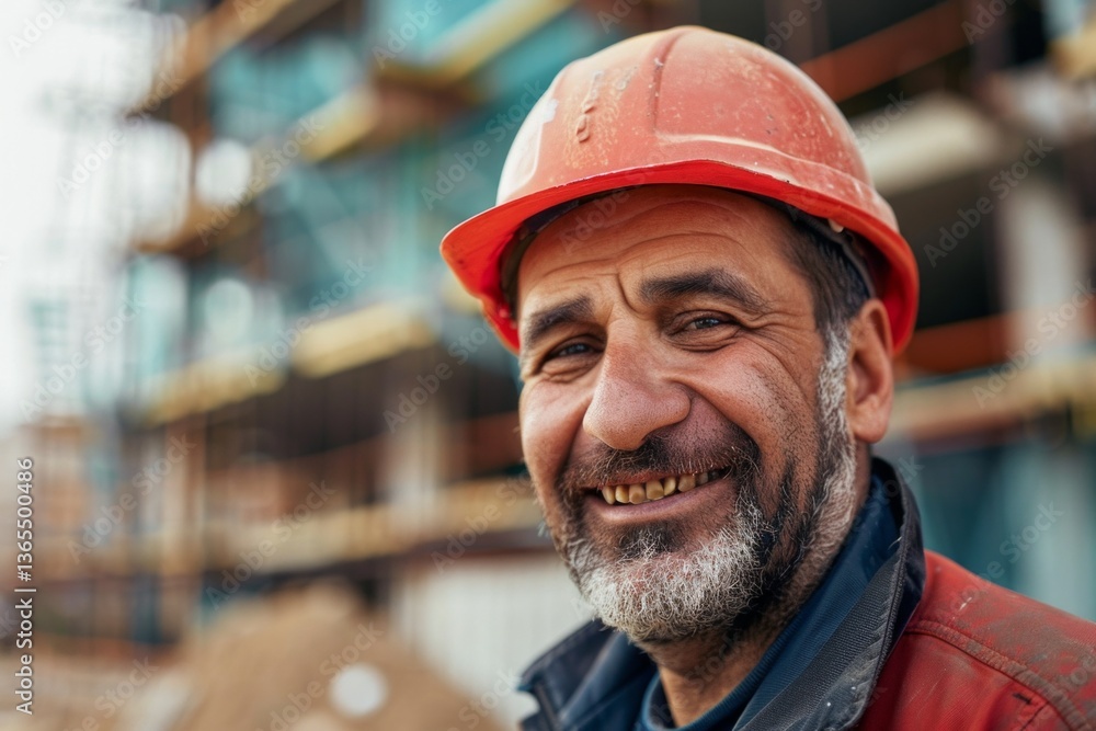 Portrait of a smiling construction worker wearing a red hard hat at a building site. The close-up image highlights his joyful expression, showing pride and satisfaction in his work environment. Portrait of a smiling construction worker wearing a red hard hat at a building site. The close-up image highlights his joyful expression, showing pride and satisfaction in his work environment.