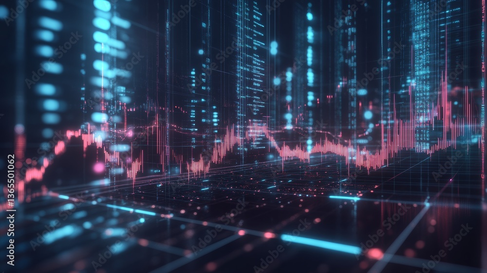 Fototapeta premium An AI powered predictive analytics system, forecasting stock market trends based on historical data and real-time news, Finance tech style