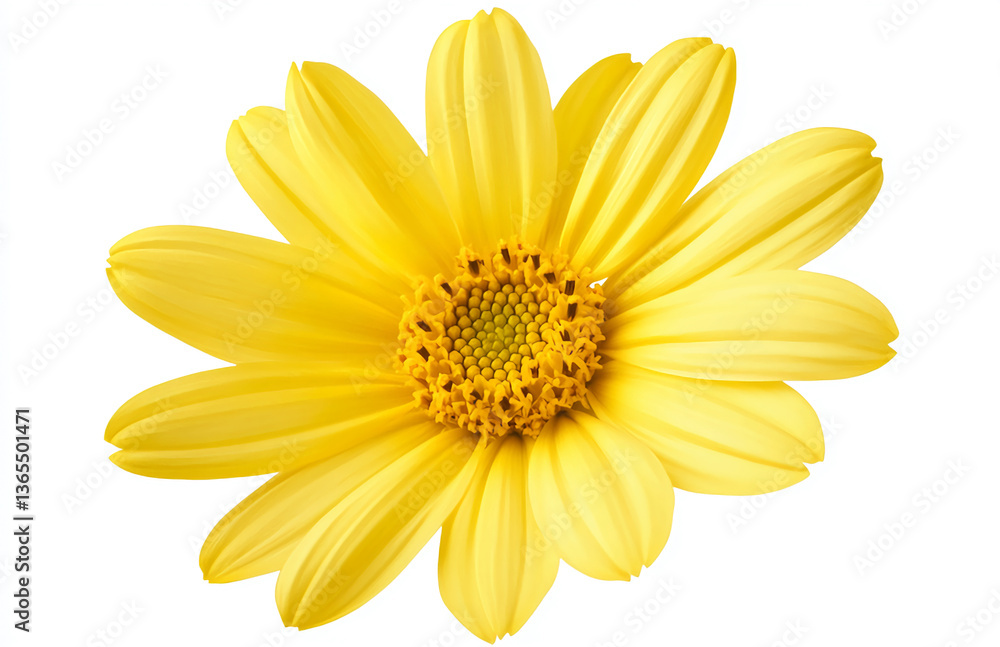 Isolated close up of a vibrant yellow daisy with a detailed center on a clean white background view Isolated close up of a vibrant yellow daisy with a detailed center on a clean white background view
