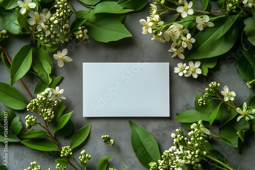 Elegant Arrangement of Blank Card Surrounded by Fresh Flowers and Green Leave...