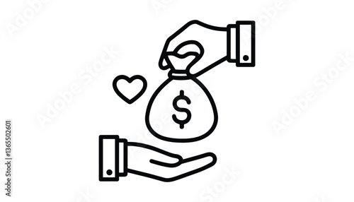 Charity Donation Hand Giving Money Bag with Heart Icon.