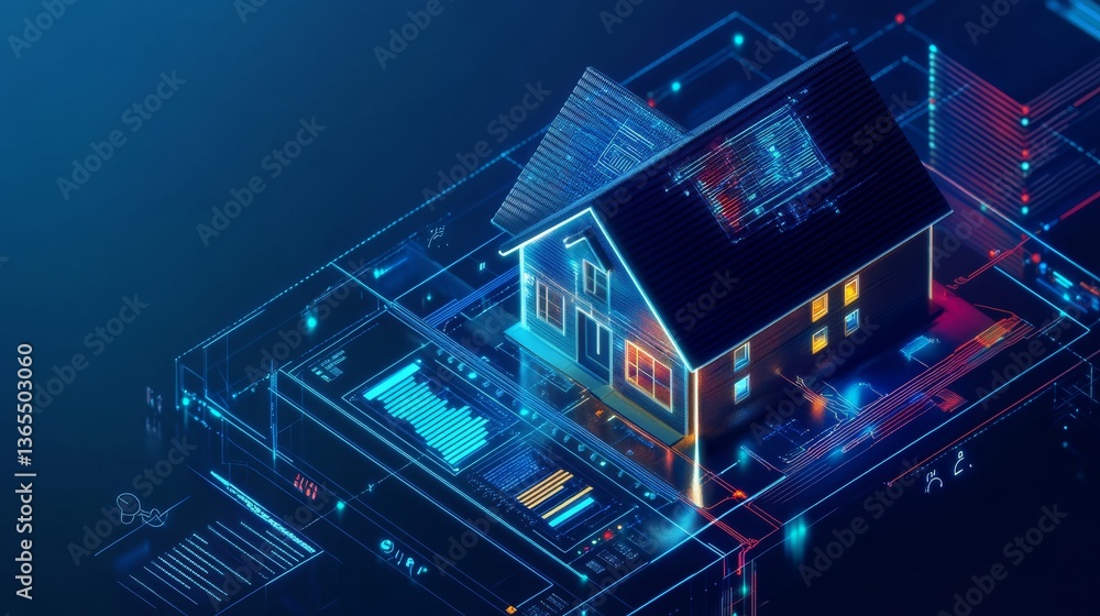 An AI powered predictive energy consumption system, analyzing patterns in home energy use and optimizing usage for cost efficiency, Smart home tech style An AI powered predictive energy consumption system, analyzing patterns in home energy use and optimizing usage for cost efficiency, Smart home tech style