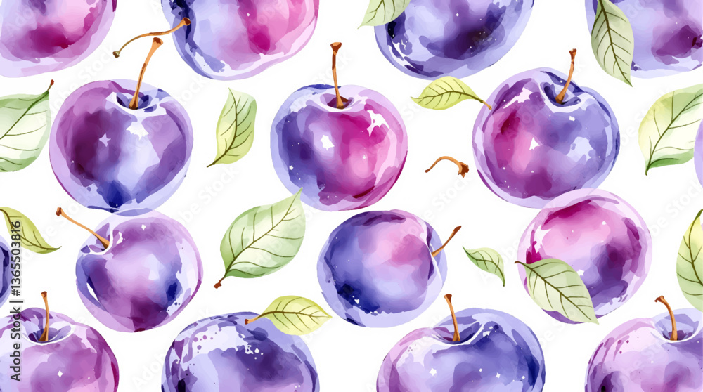 Seamless pattern of plums and leaves, white background