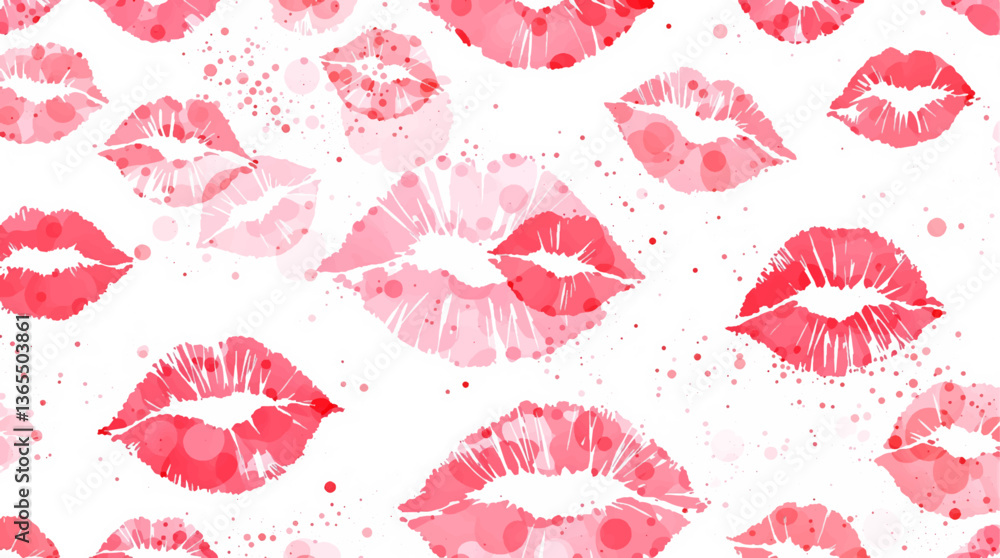 Watercolor seamless pattern lips, A seamless pattern background radiating sweetness and love. Watercolor lips in soft pinks and reds form a dynamic repeating pattern, playfully leaving kiss	