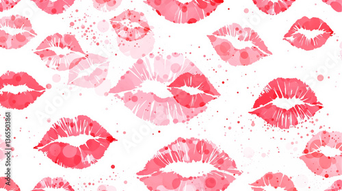 Watercolor seamless pattern lips, A seamless pattern background radiating sweetness and love. Watercolor lips in soft pinks and reds form a dynamic repeating pattern, playfully leaving kiss	