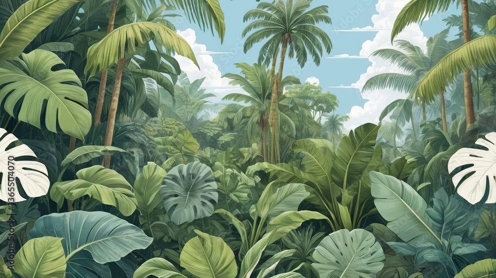 Fototapeta premium Lush tropical jungle flourishing under partly cloudy sky.