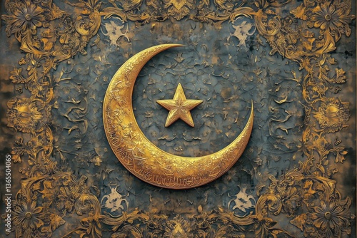 Elegant Golden Crescent Moon and Star Design Featuring Intricate Floral Patte...