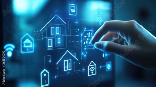 A hand interacts with a digital interface displaying smart home technology icons.