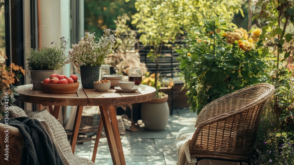 Fototapeta premium Beautifully styled terrace with a wooden table, cozy chair, potted plants, and a flower vase. Arranged with tableware, fruits, and home accessories.