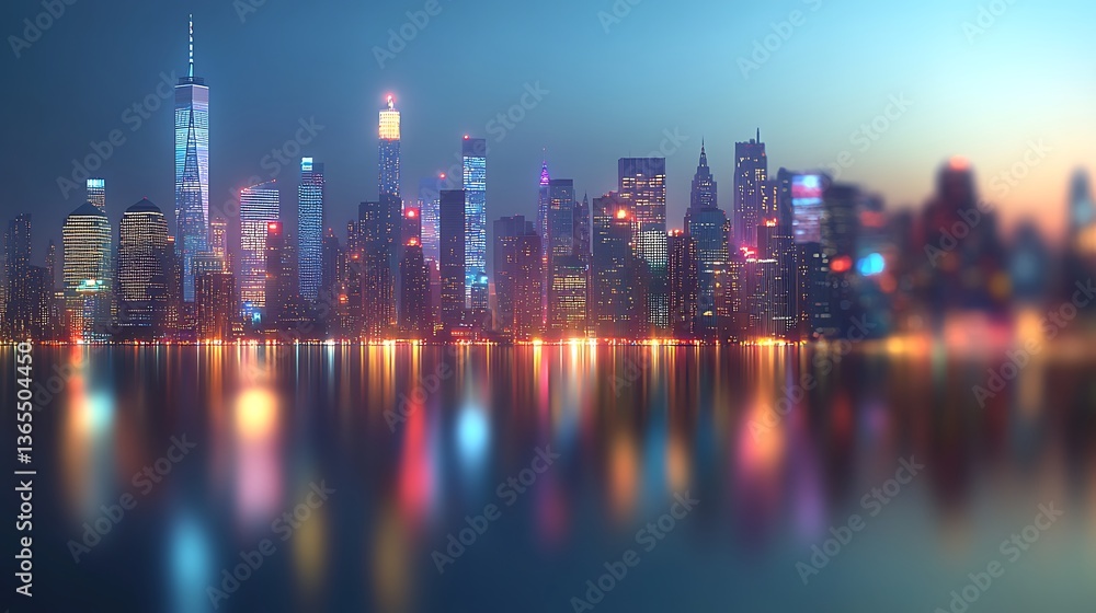 Fototapeta premium Night Cityscape Urban Skyline Illuminated Buildings Modern Architecture City Lights Reflection