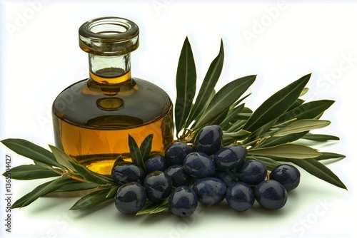 Olive Branch With Dark Berries and a Glass Bottle Filled With Oil on a Light ...