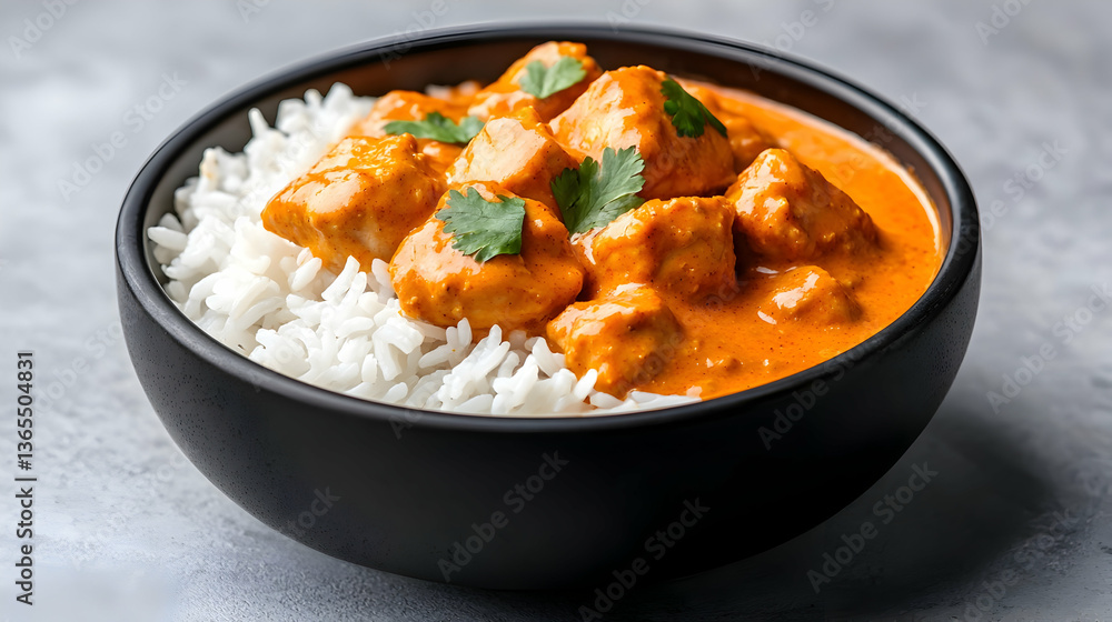Chicken Tikka Masala with Rice in a Black Bowl Chicken Tikka Masala with Rice in a Black Bowl