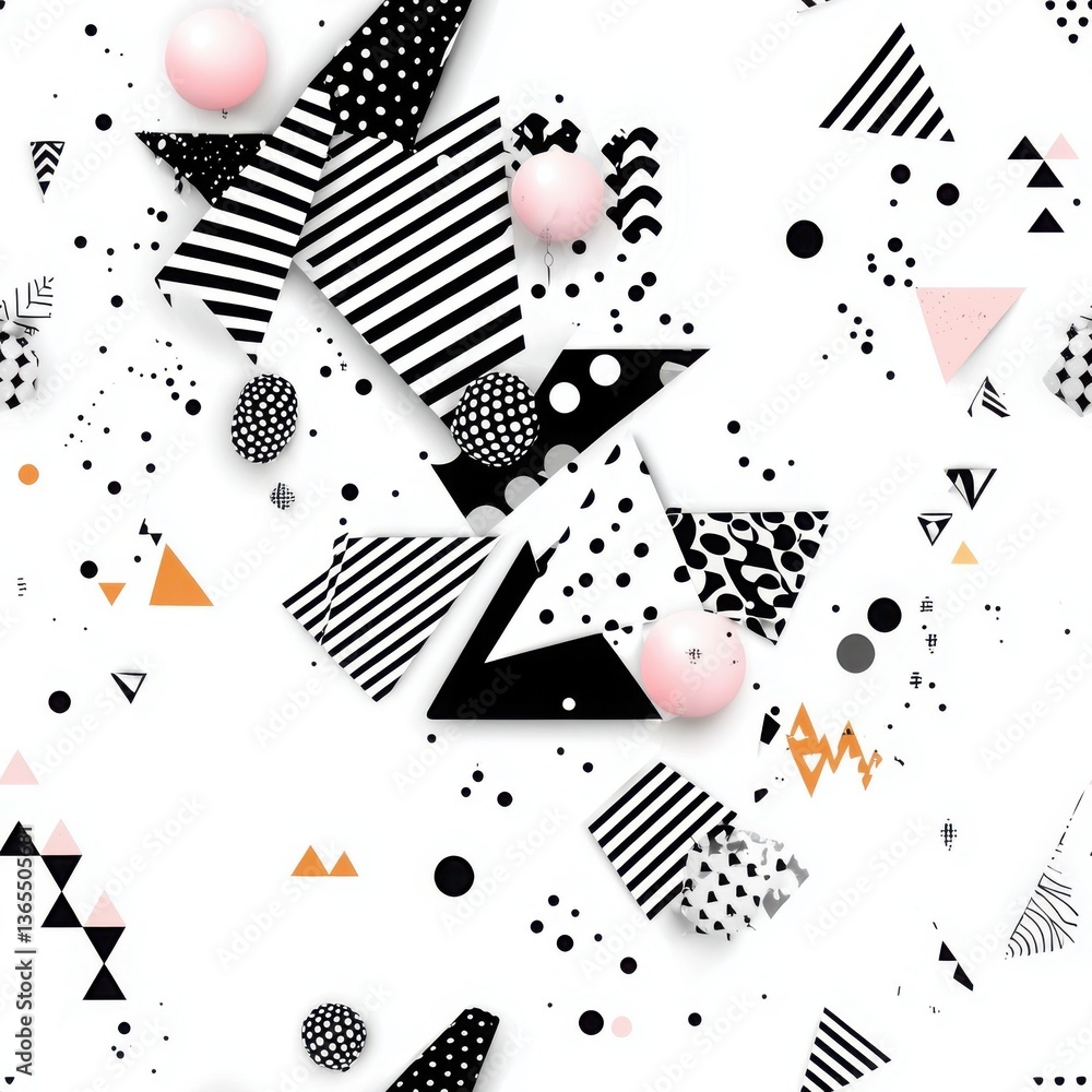 Obraz premium Dynamic Abstract Composition of Various Geometric Shapes in Black, White, and Pink Tones