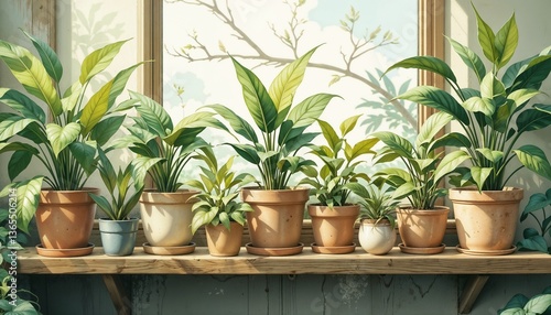 Potted Window Plants with Muted Landscape