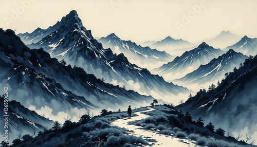 Solitary Figure on Mountain Path with Tranquility