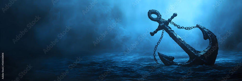Obraz premium A moody and mysterious image of a pirate ship's anchor sinking into the dark ocean depths wide banner, blue background