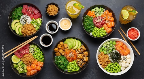 Table with many bowls of food and chopsticks