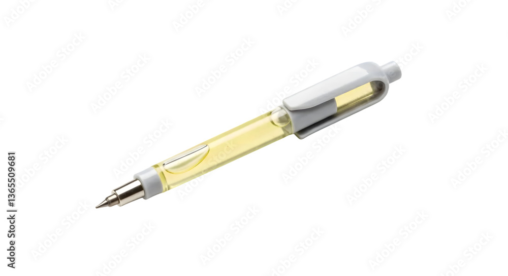 Yellow Ink Pen with Clear Barrel Against a White Background, Ideal for Office and School Supplies, Writing Instruments, Creative Tools, and Personal Use Yellow Ink Pen with Clear Barrel Against a White Background, Ideal for Office and School Supplies, Writing Instruments, Creative Tools, and Personal Use