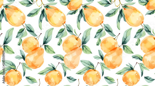 Watercolor pears and leaves seamless pattern on a white background.	
