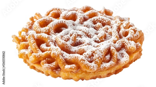 Golden brown funnel cake dusted with powdered sugar. Deep-fried and crispy, this sweet treat has a lacy texture and is commonly served at fairs or carnivals.