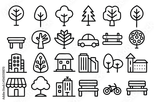 green city editable stroke outline icons set 