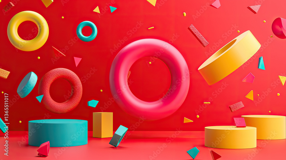 Fototapeta premium Colorful 3D shapes floating on vibrant red background