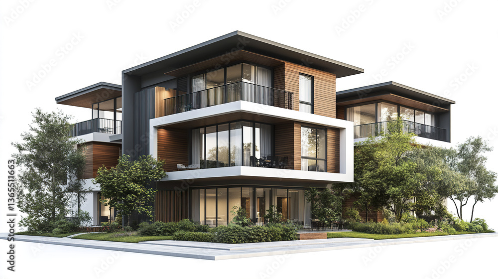 Modern residential house with sleek design and lush greenery Modern residential house with sleek design and lush greenery