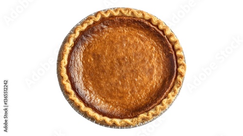Sweet potato pie in a golden flaky crust, baked to a rich brown color in a metal pie tin. Classic dessert with smooth filling and crisp edges on white background.