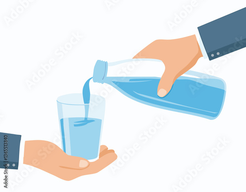 Hand holding and pouring water from bottle to glass on white background